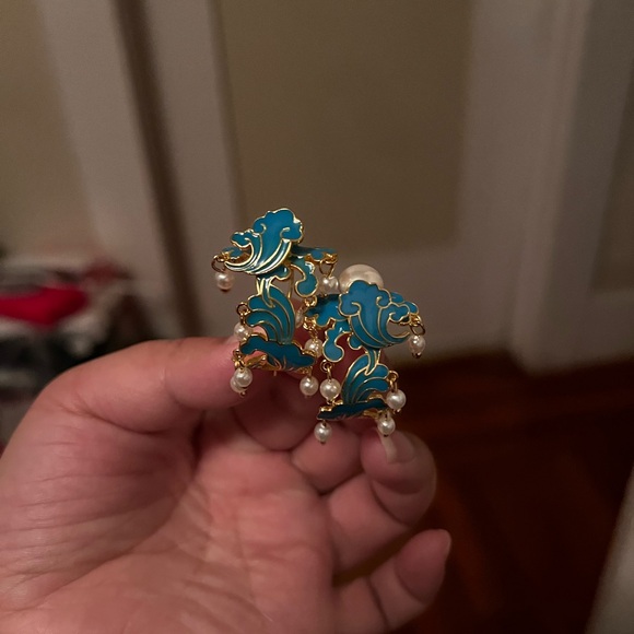 Chinese Vintage Qing Dynasty Blue Cloud & Pearl Hoop Earrings - Picture 5 of 7